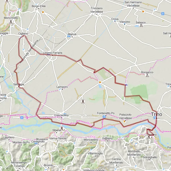 Kartminiatyr av "Graveläventyr genom Trino och Saluggia" cykelinspiration i Piemonte, Italy. Genererad av Tarmacs.app cykelruttplanerare