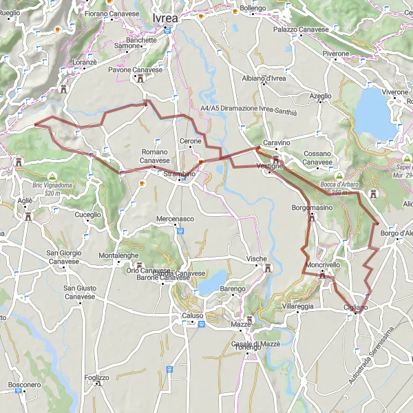 Miniaturní mapa "Gravelová jízda kolem Cigliana" inspirace pro cyklisty v oblasti Piemonte, Italy. Vytvořeno pomocí plánovače tras Tarmacs.app