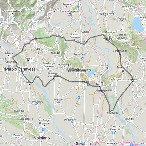 Map miniature of "Caluso and the Spectacular View" cycling inspiration in Piemonte, Italy. Generated by Tarmacs.app cycling route planner