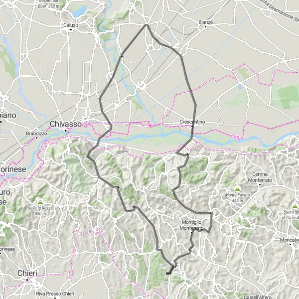 Miniatua del mapa de inspiración ciclista "Ruta en carretera hacia Rondissone desde Cigliano" en Piemonte, Italy. Generado por Tarmacs.app planificador de rutas ciclistas