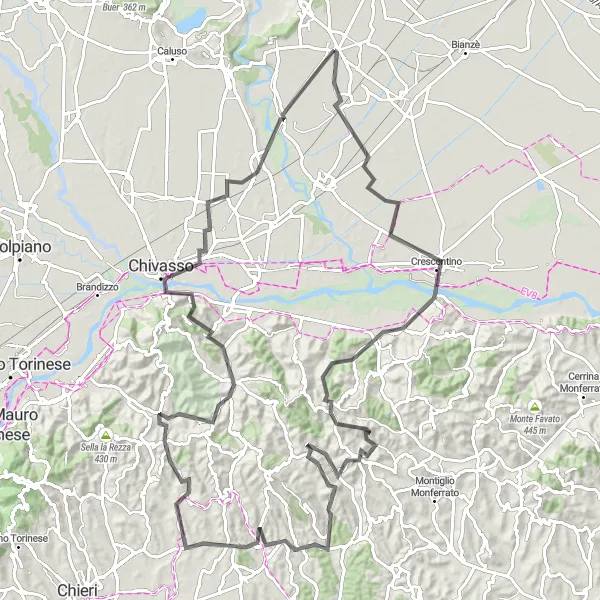 Miniatua del mapa de inspiración ciclista "Desafío en Carretera desde Cigliano hasta Chivasso" en Piemonte, Italy. Generado por Tarmacs.app planificador de rutas ciclistas