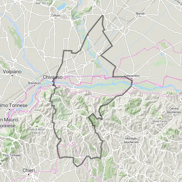 Miniatua del mapa de inspiración ciclista "Ruta en carretera hacia Rondissone desde Cigliano" en Piemonte, Italy. Generado por Tarmacs.app planificador de rutas ciclistas