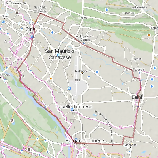 Miniaturekort af cykelinspirationen "Grusvejen gennem San Francesco al Campo, Leini, Mappano og San Carlo Canavese" i Piemonte, Italy. Genereret af Tarmacs.app cykelruteplanlægger