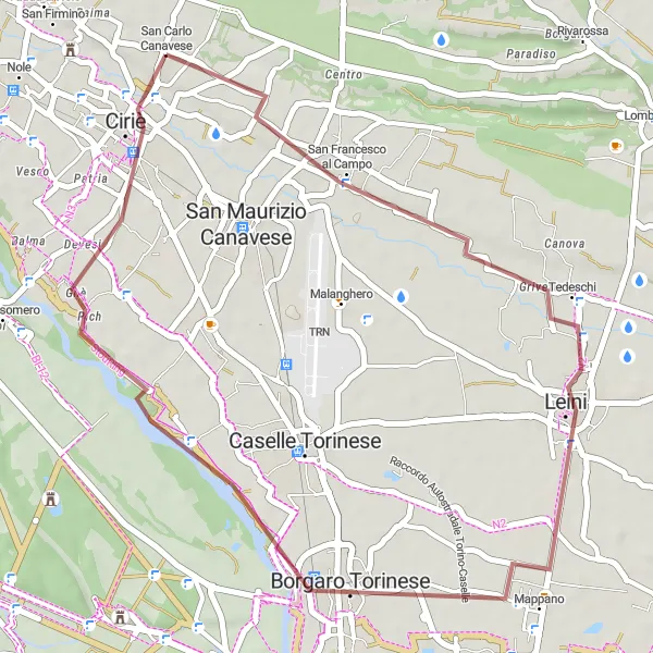 Miniatura della mappa di ispirazione al ciclismo "Esplorazione naturale tra San Francesco al Campo e San Carlo Canavese" nella regione di Piemonte, Italy. Generata da Tarmacs.app, pianificatore di rotte ciclistiche