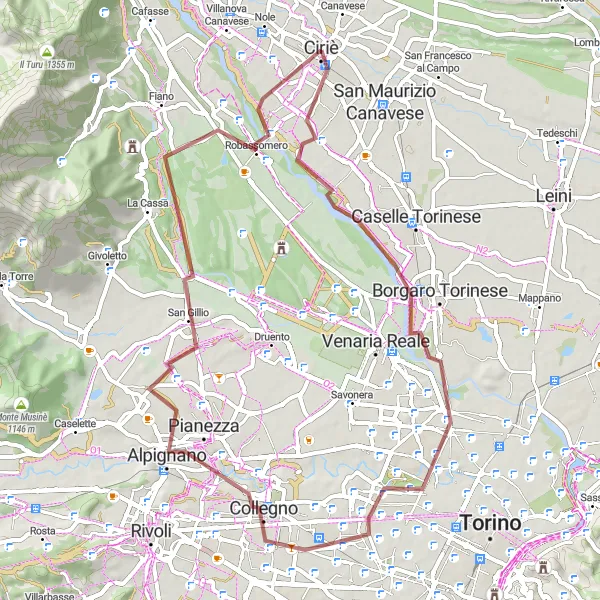 Miniatua del mapa de inspiración ciclista "Viaje de grava a través de Alpignano y Robassomero" en Piemonte, Italy. Generado por Tarmacs.app planificador de rutas ciclistas