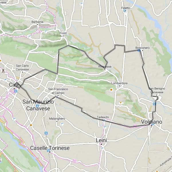 Miniatura della mappa di ispirazione al ciclismo "Tour panoramico da Rivarossa a San Maurizio Canavese" nella regione di Piemonte, Italy. Generata da Tarmacs.app, pianificatore di rotte ciclistiche