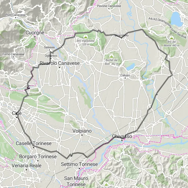 Miniatua del mapa de inspiración ciclista "Ruta de ciclismo de carretera desde Ciriè a lo largo de 111 km" en Piemonte, Italy. Generado por Tarmacs.app planificador de rutas ciclistas