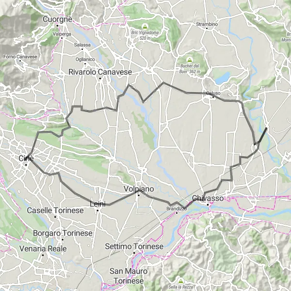 Miniatura mapy "Trasa przez Caluso, Rondissone, Chivasso i San Maurizio Canavese" - trasy rowerowej w Piemonte, Italy. Wygenerowane przez planer tras rowerowych Tarmacs.app