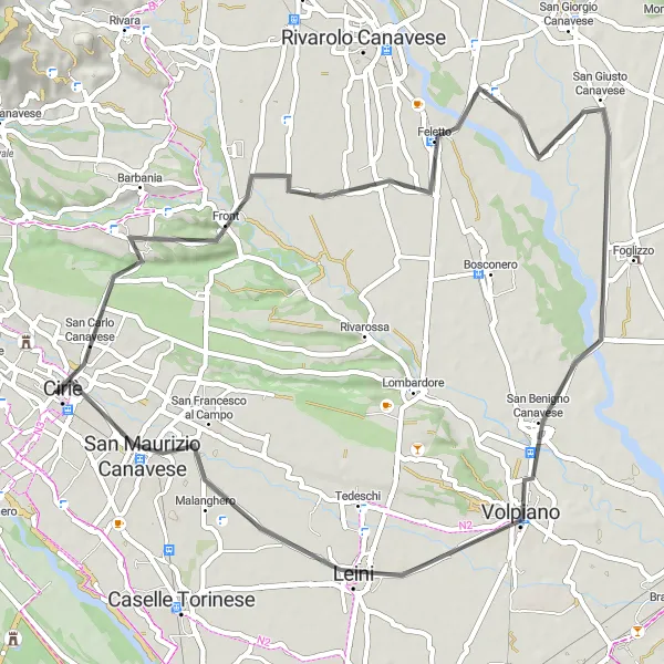 Miniatuurkaart van de fietsinspiratie "Ontspannende Fietstocht naar Feletto" in Piemonte, Italy. Gemaakt door de Tarmacs.app fietsrouteplanner