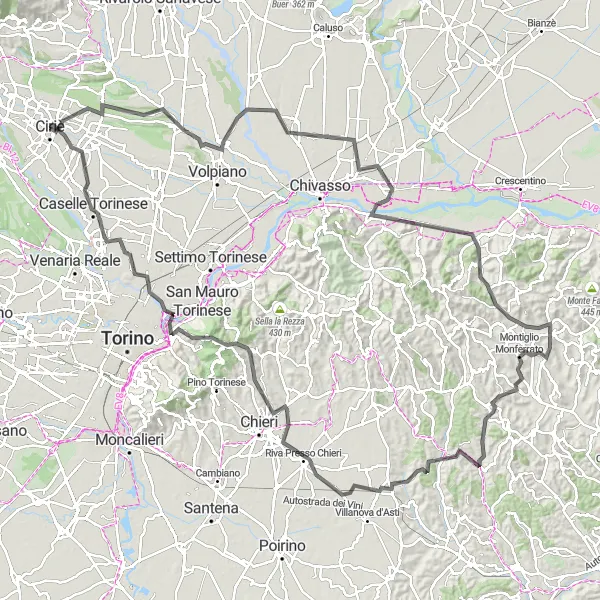 Kartminiatyr av "Episk cykeltur till Caselle Torinese" cykelinspiration i Piemonte, Italy. Genererad av Tarmacs.app cykelruttplanerare