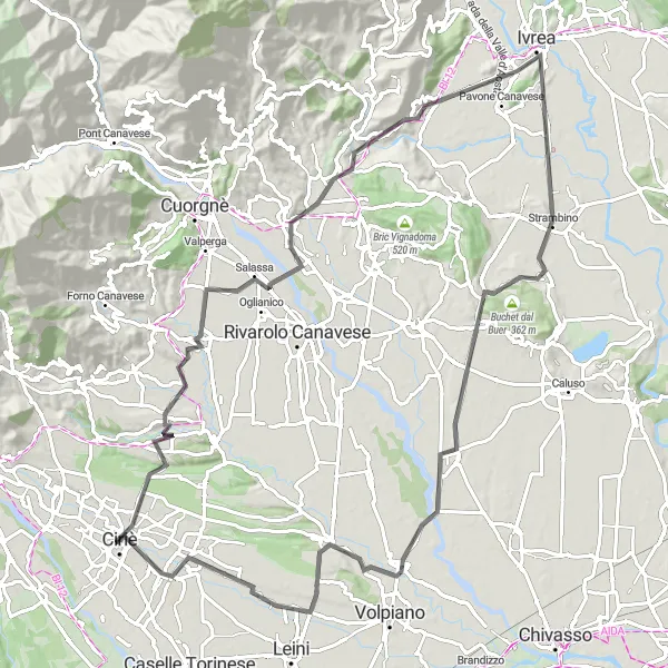 Miniatura della mappa di ispirazione al ciclismo "Giro in bicicletta da Ciriè a Santa Croce e San Benigno Canavese" nella regione di Piemonte, Italy. Generata da Tarmacs.app, pianificatore di rotte ciclistiche