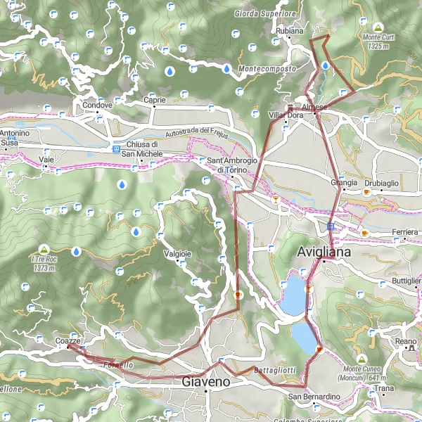 Map miniature of "Coazze Gravel Loop" cycling inspiration in Piemonte, Italy. Generated by Tarmacs.app cycling route planner