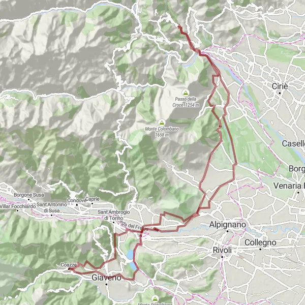 Zemljevid v pomanjšavi "Gravel kolesarska pot okoli Coazze" kolesarske inspiracije v Piemonte, Italy. Generirano z načrtovalcem kolesarskih poti Tarmacs.app