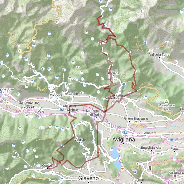 Miniaturní mapa "Gravel Trasa kolem Monte Pirchiriano" inspirace pro cyklisty v oblasti Piemonte, Italy. Vytvořeno pomocí plánovače tras Tarmacs.app