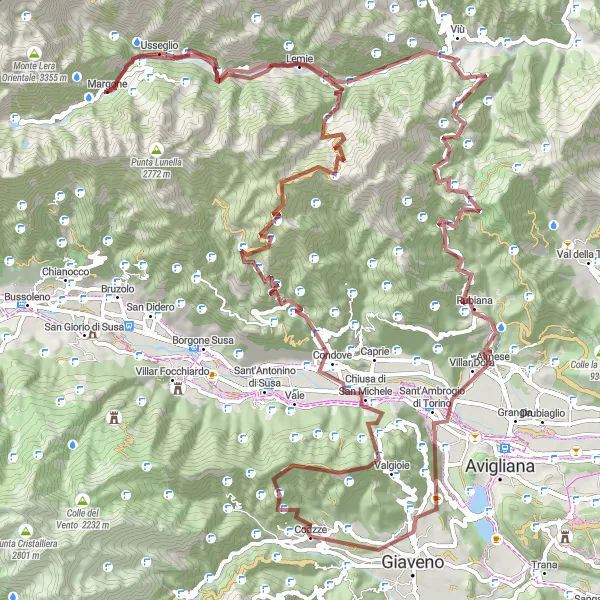 Miniatua del mapa de inspiración ciclista "Desafío extremo: Tour de grava de 122km con altos ascensos" en Piemonte, Italy. Generado por Tarmacs.app planificador de rutas ciclistas
