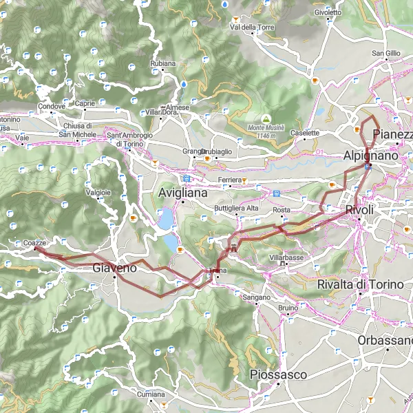 Mapa miniatúra "Gravel okolo Coazze" cyklistická inšpirácia v Piemonte, Italy. Vygenerované cyklistickým plánovačom trás Tarmacs.app