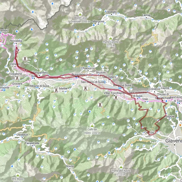 Kartminiatyr av "Gruskörning till Coazze och tillbaka" cykelinspiration i Piemonte, Italy. Genererad av Tarmacs.app cykelruttplanerare
