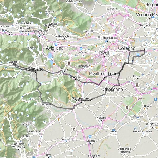 Zemljevid v pomanjšavi "Road Coazze - Giaveno" kolesarske inspiracije v Piemonte, Italy. Generirano z načrtovalcem kolesarskih poti Tarmacs.app