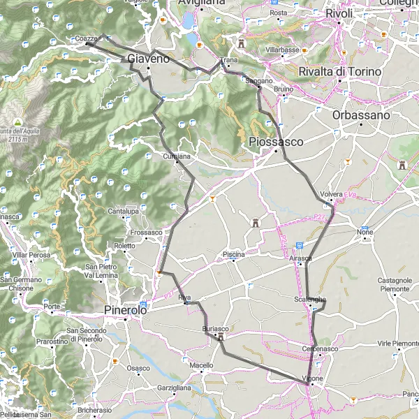 Miniatuurkaart van de fietsinspiratie "Wegroute van Coazze naar Monte Cuneo en terug" in Piemonte, Italy. Gemaakt door de Tarmacs.app fietsrouteplanner