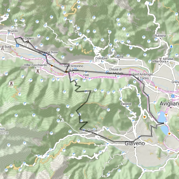 Map miniature of "From Coazze to Cima Piana and back" cycling inspiration in Piemonte, Italy. Generated by Tarmacs.app cycling route planner