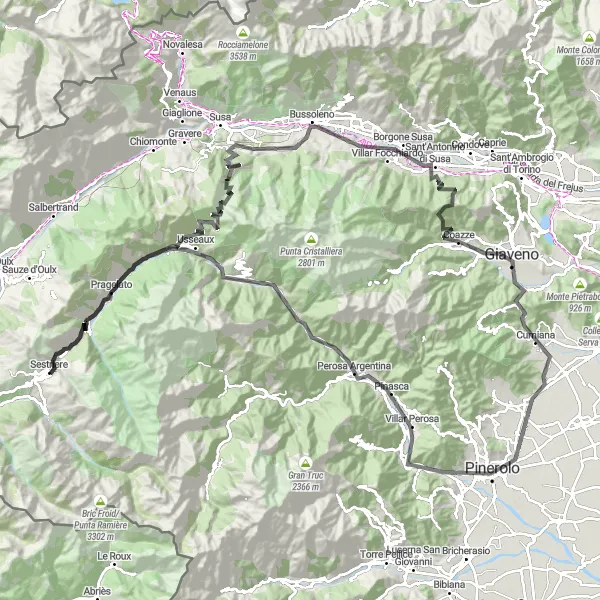 Miniature de la carte de l'inspiration cycliste "Les Alpes Piémontaises" dans la Piemonte, Italy. Générée par le planificateur d'itinéraire cycliste Tarmacs.app