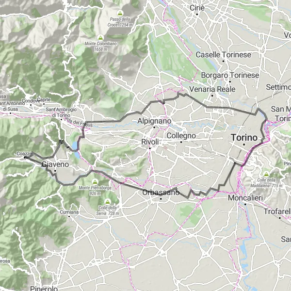 Zemljevid v pomanjšavi "Cestna pot skozi znamenite kraje v okolici Coazzeja" kolesarske inspiracije v Piemonte, Italy. Generirano z načrtovalcem kolesarskih poti Tarmacs.app