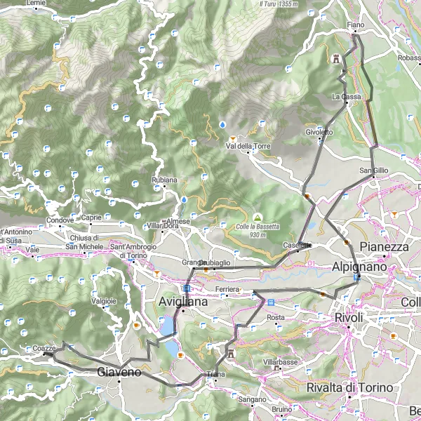 Miniatura della mappa di ispirazione al ciclismo "Giro in Bicicletta da Coazze" nella regione di Piemonte, Italy. Generata da Tarmacs.app, pianificatore di rotte ciclistiche