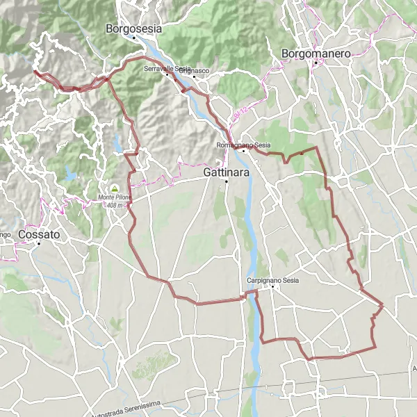 Mapa miniatúra "Gravel okruh cez Colle di Brione" cyklistická inšpirácia v Piemonte, Italy. Vygenerované cyklistickým plánovačom trás Tarmacs.app