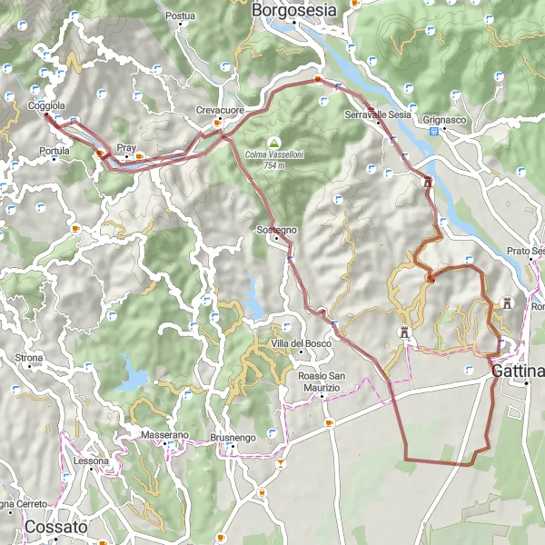 Miniature de la carte de l'inspiration cycliste "Parcours gravel autour de Coggiola" dans la Piemonte, Italy. Générée par le planificateur d'itinéraire cycliste Tarmacs.app