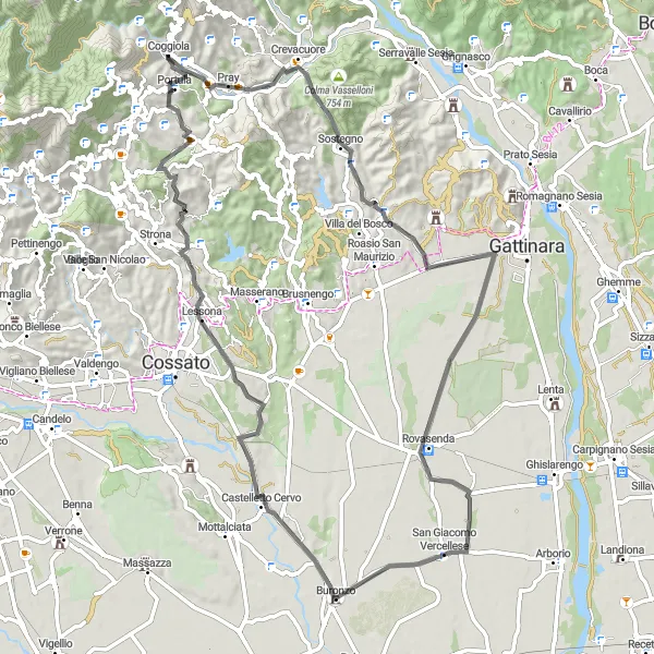 Miniatuurkaart van de fietsinspiratie "Route door Piemonte's heuvels" in Piemonte, Italy. Gemaakt door de Tarmacs.app fietsrouteplanner