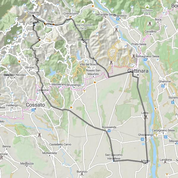 Map miniature of "San Giacomo Vercellese and Monte Capoposto Loop" cycling inspiration in Piemonte, Italy. Generated by Tarmacs.app cycling route planner