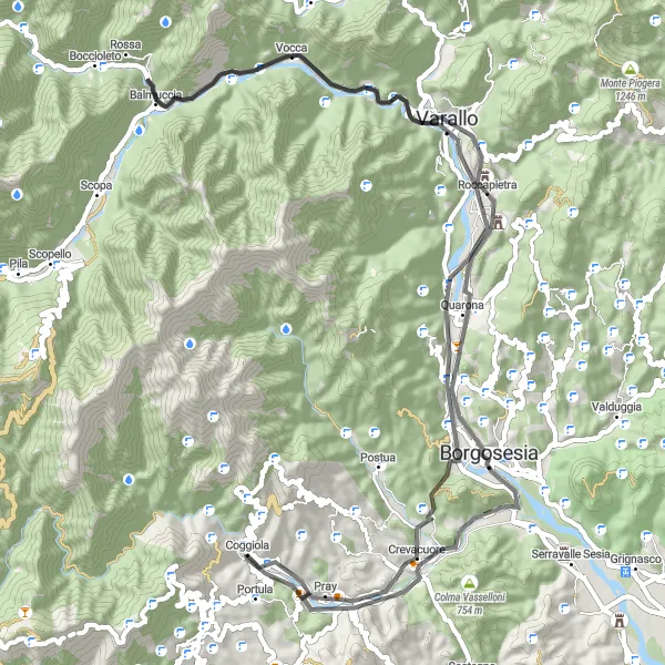 Miniatua del mapa de inspiración ciclista "Exploración rural cerca de Coggiola" en Piemonte, Italy. Generado por Tarmacs.app planificador de rutas ciclistas