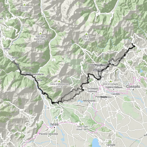 Mapa miniatúra "Náročná cesta cez Monte Bricche" cyklistická inšpirácia v Piemonte, Italy. Vygenerované cyklistickým plánovačom trás Tarmacs.app