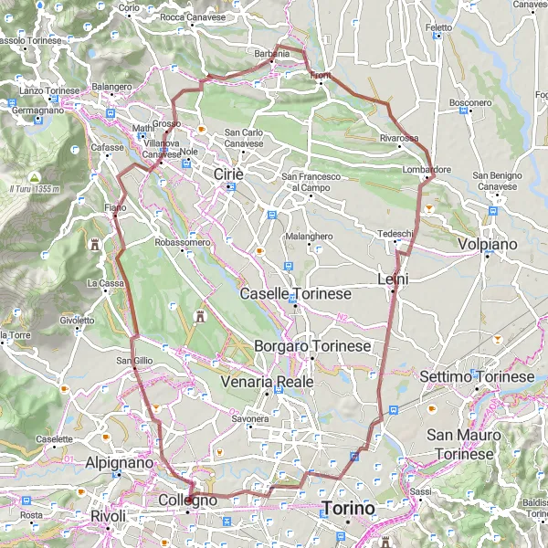 Kartminiatyr av "Rundtur fra Collegno til San Donato" sykkelinspirasjon i Piemonte, Italy. Generert av Tarmacs.app sykkelrutoplanlegger