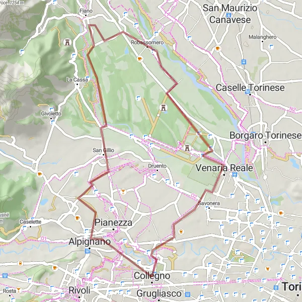 Miniatua del mapa de inspiración ciclista "Ruta de 46 km en gravilla a través de Robassomero y Castello Provana" en Piemonte, Italy. Generado por Tarmacs.app planificador de rutas ciclistas