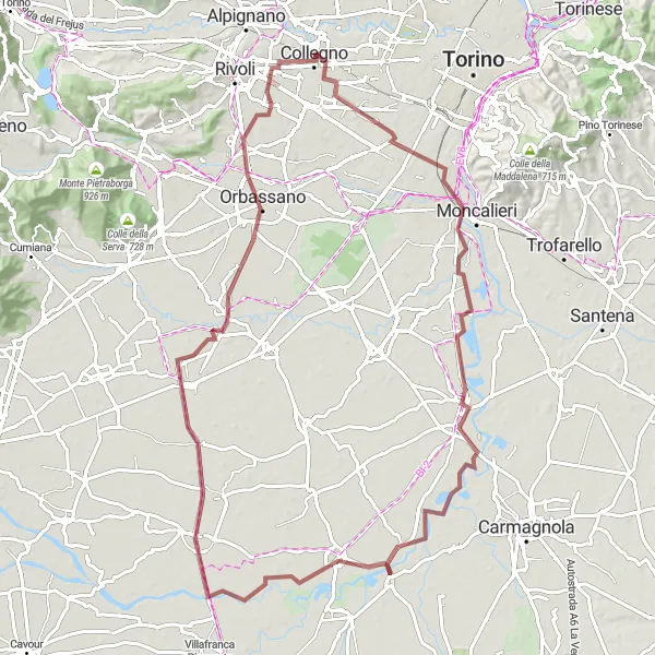 Mapa miniatúra "Gravel okolo Collegna a okolí" cyklistická inšpirácia v Piemonte, Italy. Vygenerované cyklistickým plánovačom trás Tarmacs.app