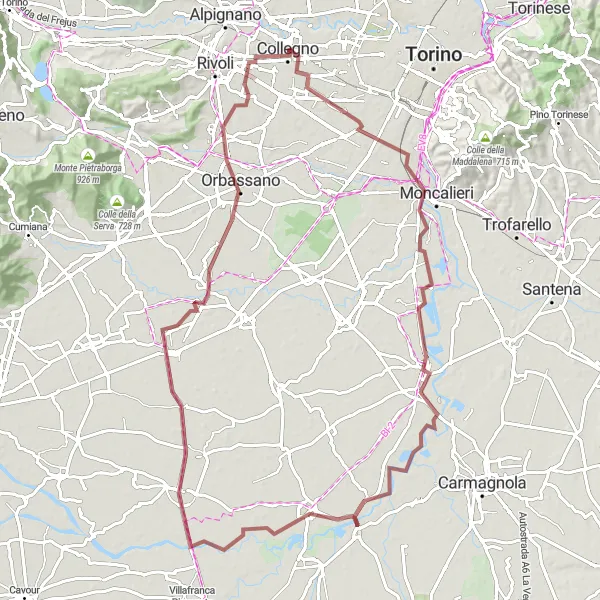 Map miniature of "Vigone Gravel Exploration" cycling inspiration in Piemonte, Italy. Generated by Tarmacs.app cycling route planner