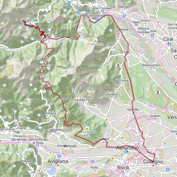 Map miniature of "Monte Arpone and Vernai Gravel Loop" cycling inspiration in Piemonte, Italy. Generated by Tarmacs.app cycling route planner