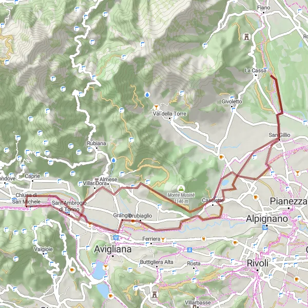 Zemljevid v pomanjšavi "Gravel Pot do Monte Musinè" kolesarske inspiracije v Piemonte, Italy. Generirano z načrtovalcem kolesarskih poti Tarmacs.app