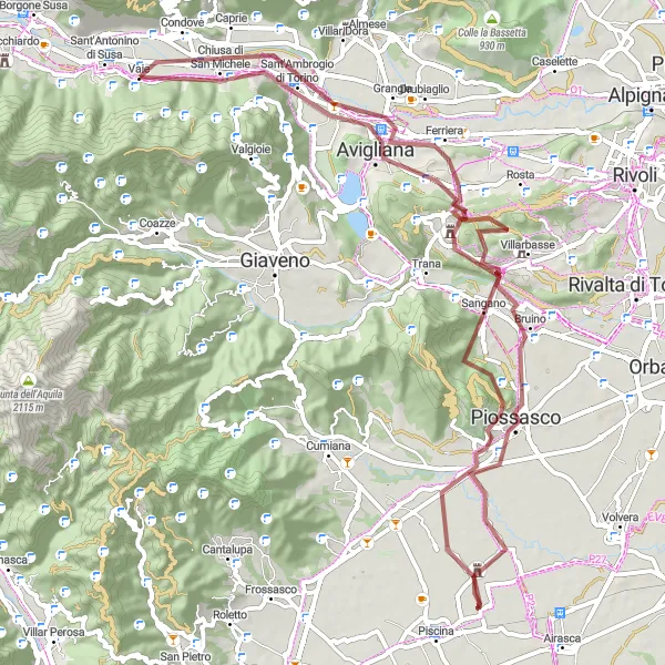 Zemljevid v pomanjšavi "Pustolovska raziščevalna gravel kolesarska pot" kolesarske inspiracije v Piemonte, Italy. Generirano z načrtovalcem kolesarskih poti Tarmacs.app