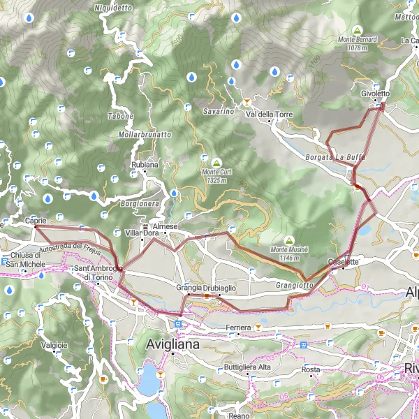 Karttaminiaatyyri "Almese-Condove loop" pyöräilyinspiraatiosta alueella Piemonte, Italy. Luotu Tarmacs.app pyöräilyreittisuunnittelijalla