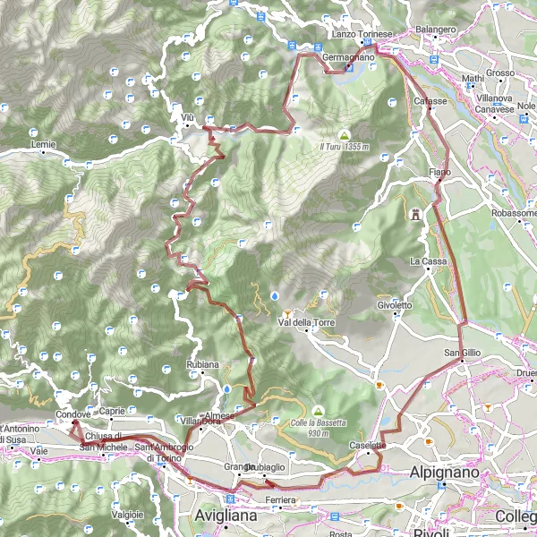 Map miniature of "The Thrilling Gravel Adventure to Monte Curt and Sant'Ambrogio di Torino" cycling inspiration in Piemonte, Italy. Generated by Tarmacs.app cycling route planner