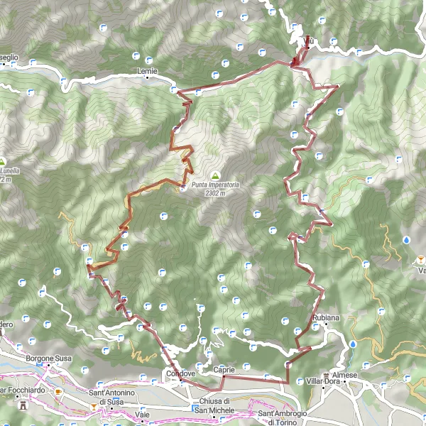 Map miniature of "The Gravel Adventure through Mocchie and Torre del Colle" cycling inspiration in Piemonte, Italy. Generated by Tarmacs.app cycling route planner