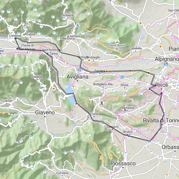 Map miniature of "Road Route to Chiusa di San Michele" cycling inspiration in Piemonte, Italy. Generated by Tarmacs.app cycling route planner