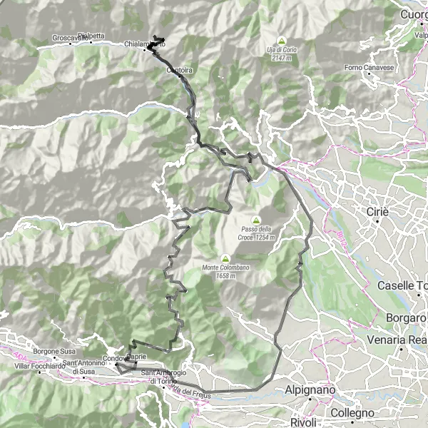 Karttaminiaatyyri "Lenkki Rocca Sella - Chiusa di San Michele" pyöräilyinspiraatiosta alueella Piemonte, Italy. Luotu Tarmacs.app pyöräilyreittisuunnittelijalla
