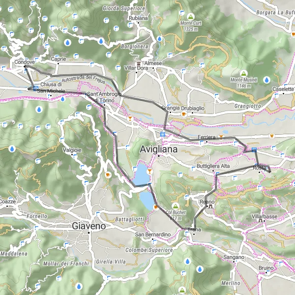 Map miniature of "A Scenic Road Cycling Experience to Monte Pirchiriano and Torre del Colle" cycling inspiration in Piemonte, Italy. Generated by Tarmacs.app cycling route planner