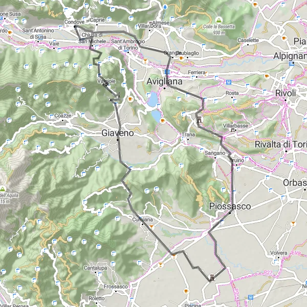 Miniaturní mapa "Cyklotrasa kolem Avigliany a Monte Pirchiriano" inspirace pro cyklisty v oblasti Piemonte, Italy. Vytvořeno pomocí plánovače tras Tarmacs.app