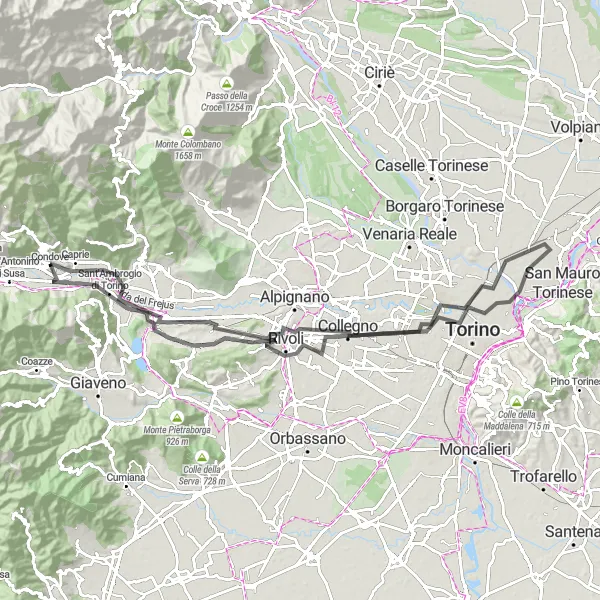 Map miniature of "Road Cycling Adventure to Rocce Rosse and Torre del Colle" cycling inspiration in Piemonte, Italy. Generated by Tarmacs.app cycling route planner