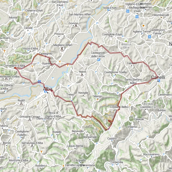 Miniatua del mapa de inspiración ciclista "Ruta de Grava Alrededor de Corneliano d'Alba" en Piemonte, Italy. Generado por Tarmacs.app planificador de rutas ciclistas