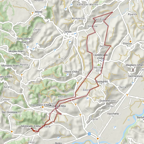 Map miniature of "Gravel Adventure through Bric Torre and Valpone" cycling inspiration in Piemonte, Italy. Generated by Tarmacs.app cycling route planner